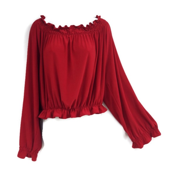 Norma Kamali Tops - Norma Kamali Timeless Red Blouse Peasant Smocked Off Shoulder Vintage 80s L